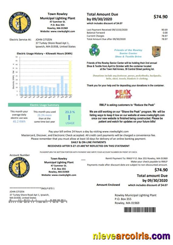 USA Massachusetts Town of Rowley Municipal Lighting Plant electricity utility bill